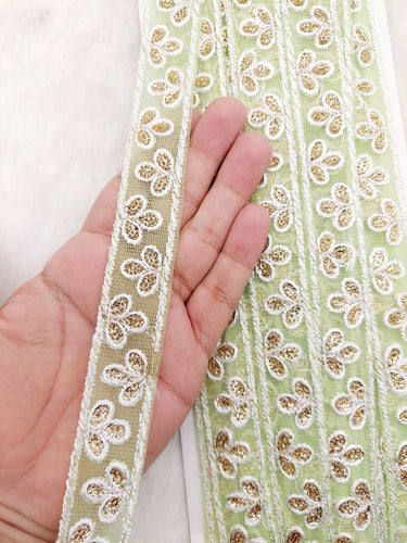 Wholesale Green Net Lace Floral Embroidery & Glitter Gold Sequins, Indian Wedding Border, Gifting Ribbon Costume Trim Fashion Trimming